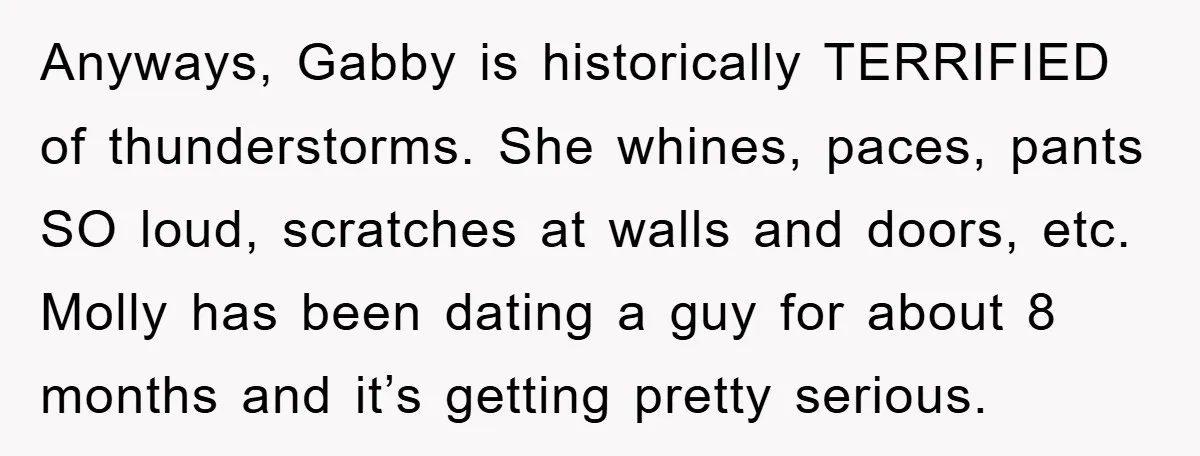 Anyways, Gabby is historically TERRIFIED of thunderstorms. She whines, paces, pants SO loud, scratches at walls and doors, etc. Molly has been dating a guy for about 8 months and...