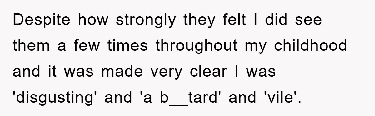 Despite how strongly they felt I did see them a few times throughout my childhood and it was made very clear I was 'disgusting' and 'a b__tard' and 'vile'.