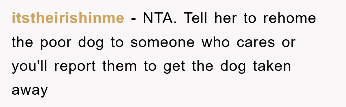 itstheirishinme − NTA. Tell her to rehome the poor dog to someone who cares or you'll report them to get the dog taken away