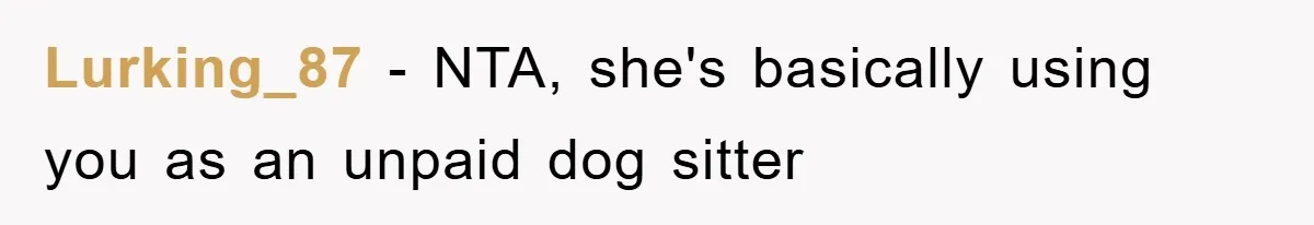 Lurking_87 − NTA, she's basically using you as an unpaid dog sitter