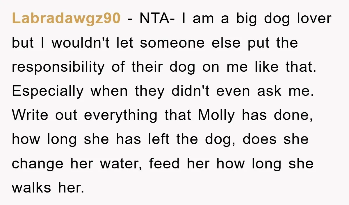 Labradawgz90 − NTA- I am a big dog lover but I wouldn't let someone else put the responsibility of their dog on me like that. Especially when they didn't even...