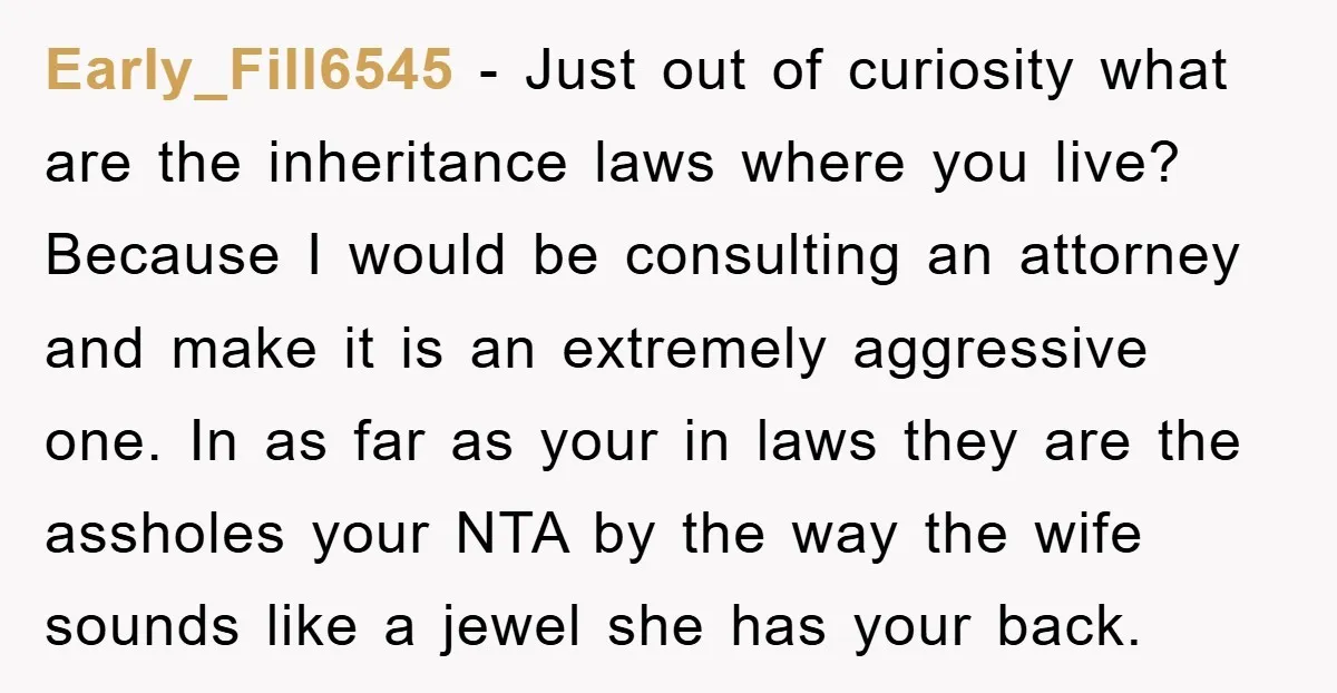 Early_Fill6545 − Just out of curiosity what are the inheritance laws where you live? Because I would be consulting an attorney and make it is an extremely aggressive one. In...