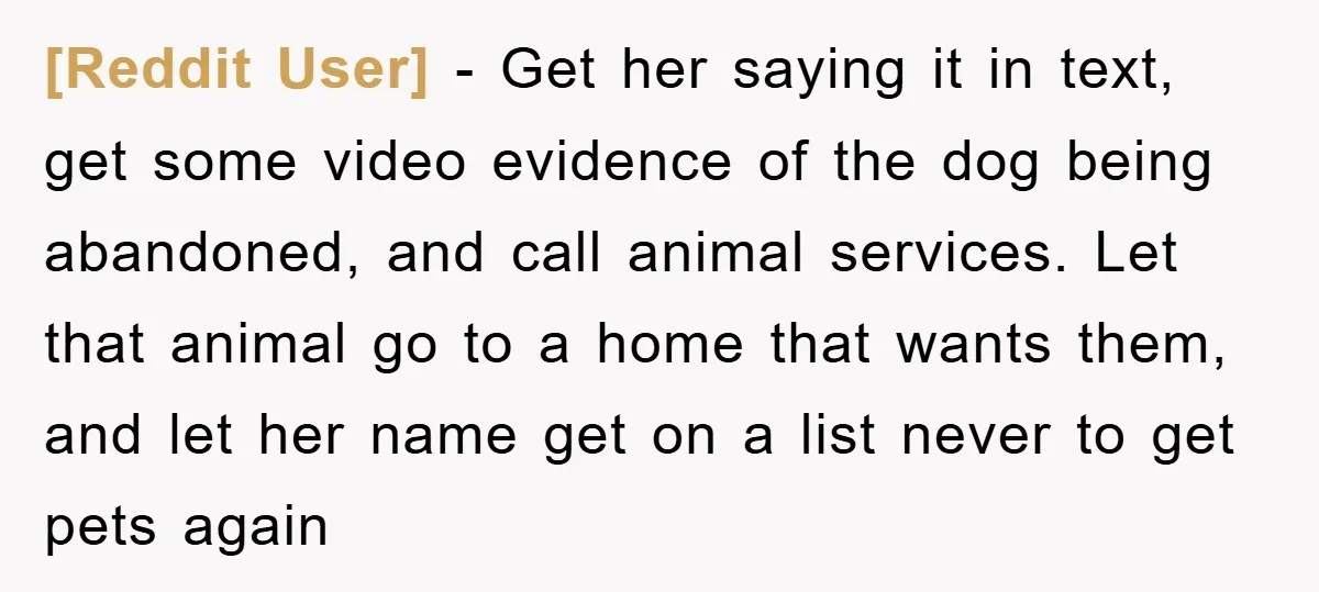 [Reddit User] − Get her saying it in text, get some video evidence of the dog being abandoned, and call animal services. Let that animal go to a home that...