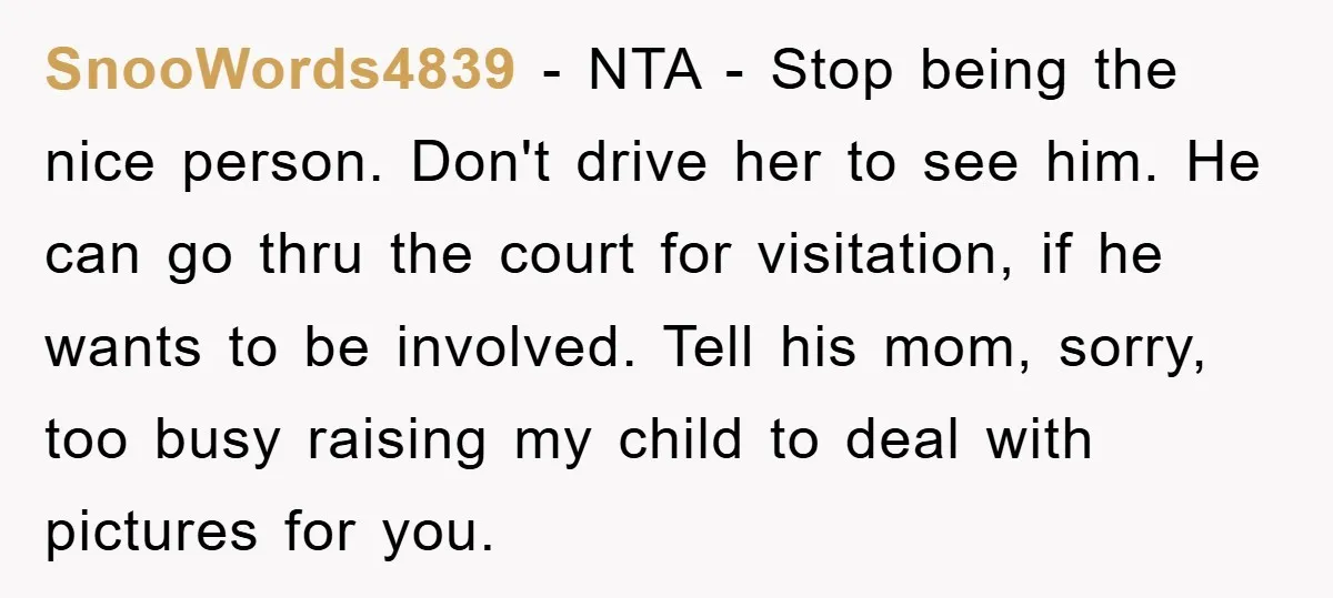 SnooWords4839 − NTA - Stop being the nice person. Don't drive her to see him. He can go thru the court for visitation, if he wants to be involved. Tell...