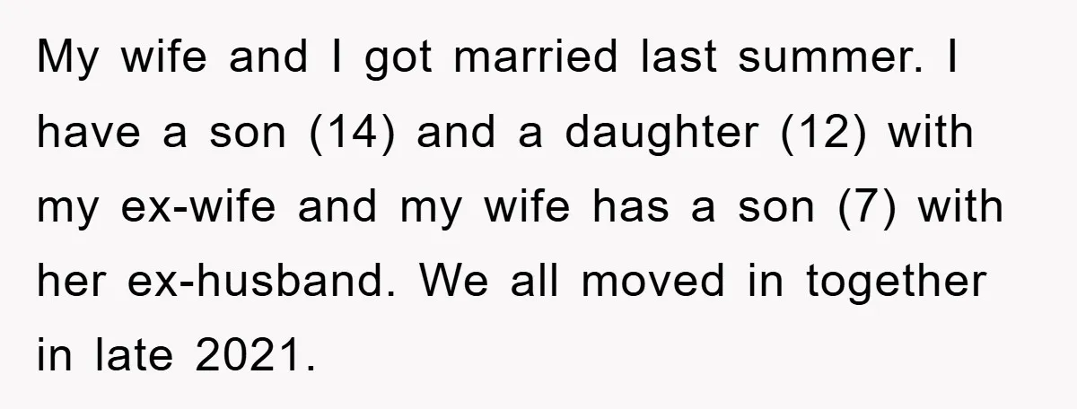 My wife and I got married last summer. I have a son (14) and a daughter (12) with my ex-wife and my wife has a son (7) with her ex-husband....