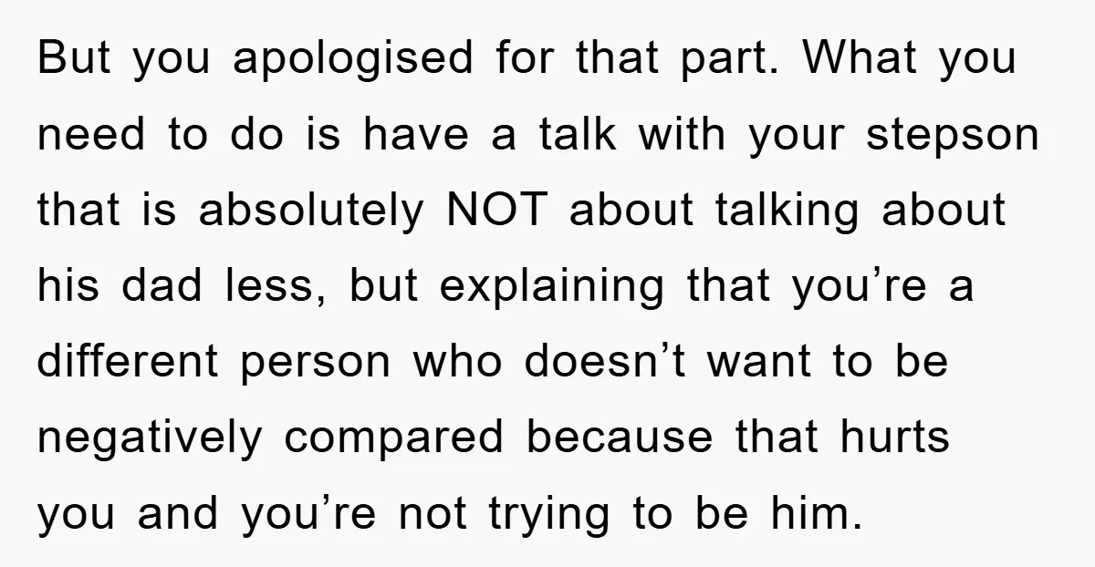 But you apologised for that part. What you need to do is have a talk with your stepson that is absolutely NOT about talking about his dad less, but explaining...