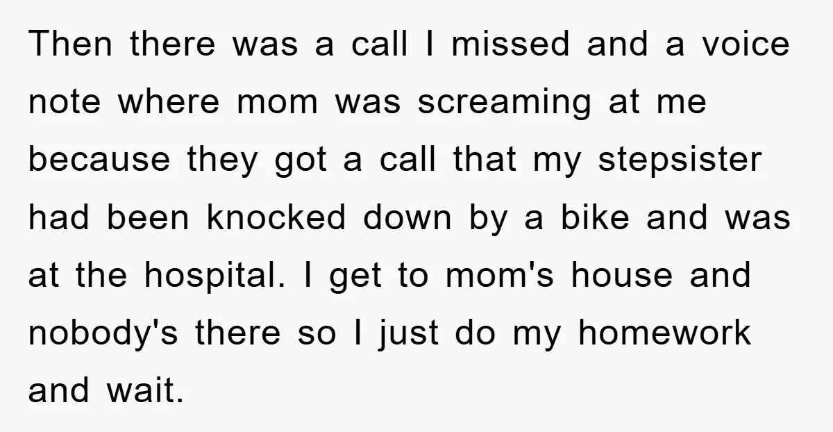 Then there was a call I missed and a voice note where mom was screaming at me because they got a call that my stepsister had been knocked down by...