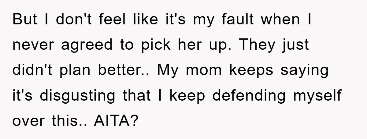 But I don't feel like it's my fault when I never agreed to pick her up. They just didn't plan better.. My mom keeps saying it's disgusting that I keep...