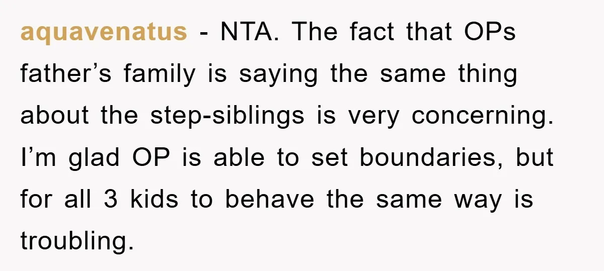 aquavenatus − NTA. The fact that OPs father’s family is saying the same thing about the step-siblings is very concerning. I’m glad OP is able to set boundaries, but for...