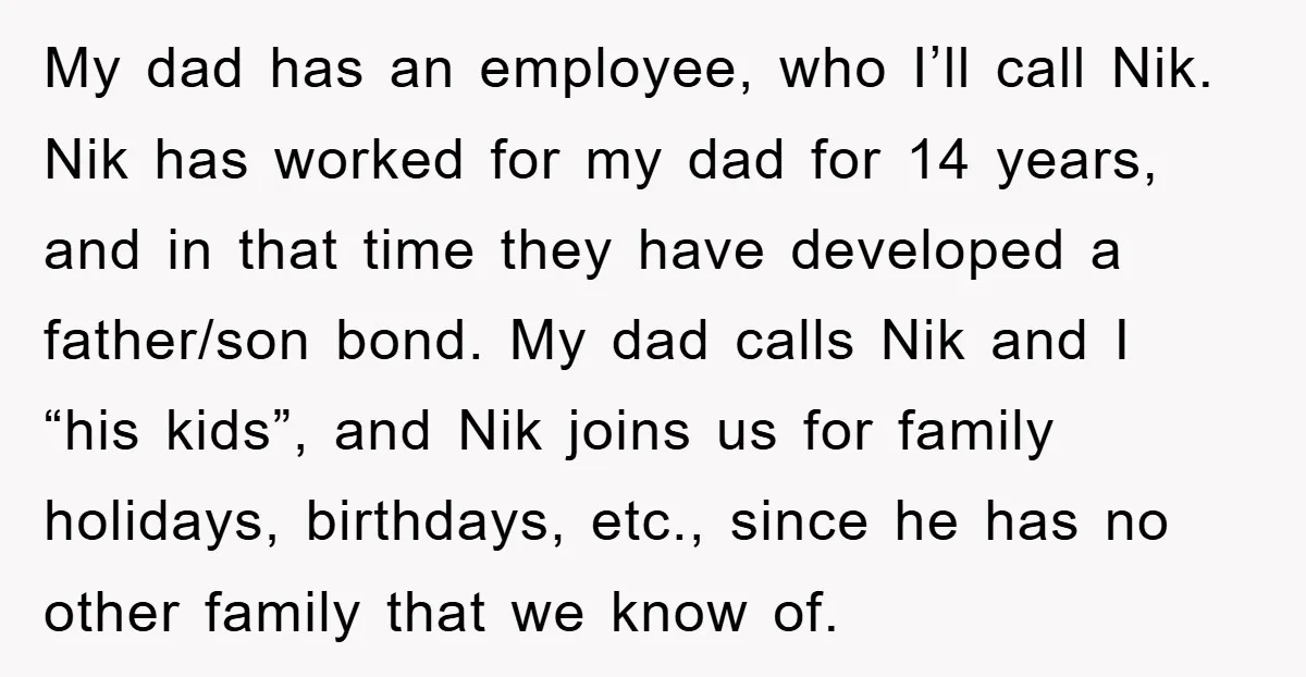 My dad has an employee, who I’ll call Nik. Nik has worked for my dad for 14 years, and in that time they have developed a father/son bond. My dad...