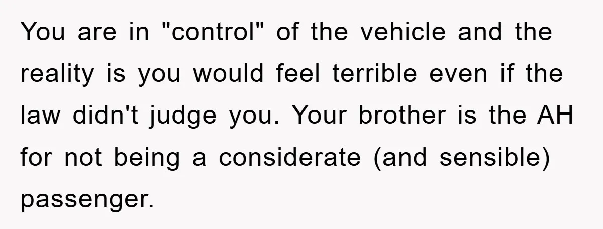 You are in "control" of the vehicle and the reality is you would feel terrible even if the law didn't judge you. Your brother is the AH for not being...