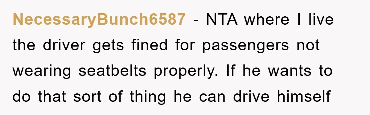 NecessaryBunch6587 − NTA where I live the driver gets fined for passengers not wearing seatbelts properly. If he wants to do that sort of thing he can drive himself