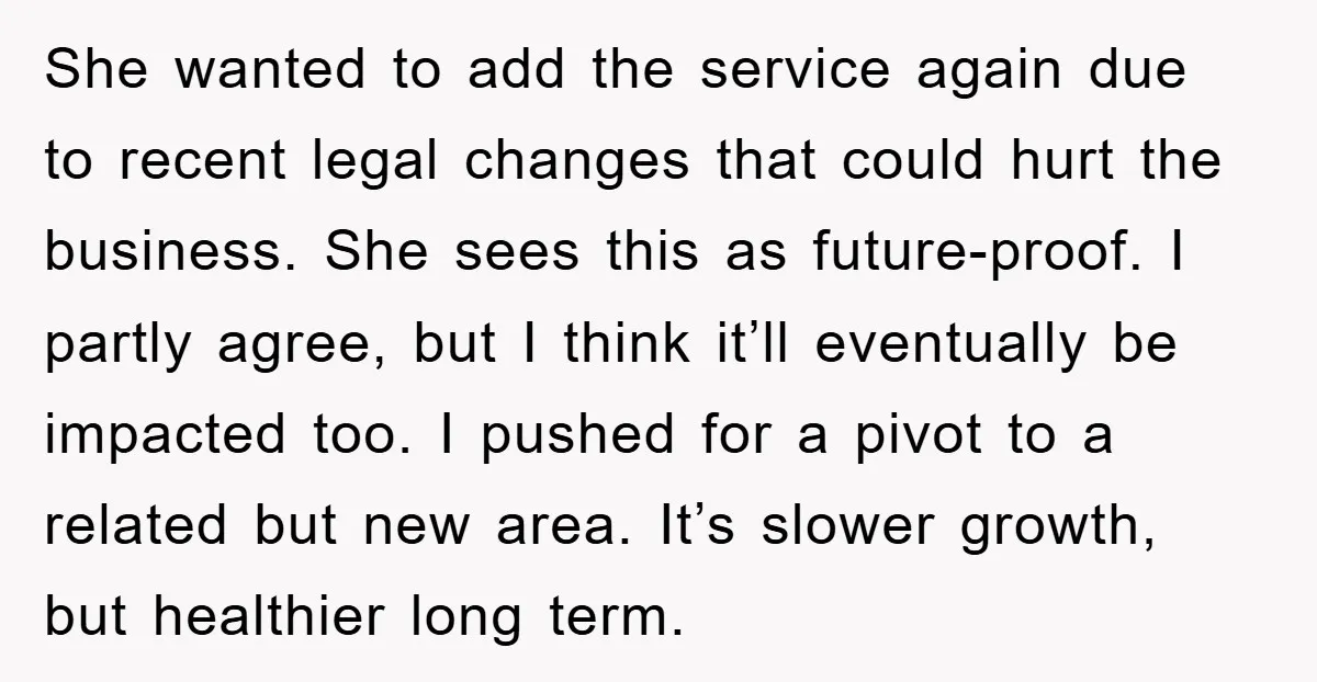 She wanted to add the service again due to recent legal changes that could hurt the business. She sees this as future-proof. I partly agree, but I think it’ll eventually...