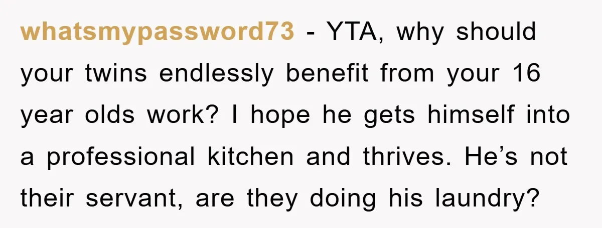 whatsmypassword73 − YTA, why should your twins endlessly benefit from your 16 year olds work? I hope he gets himself into a professional kitchen and thrives. He’s not their servant,...