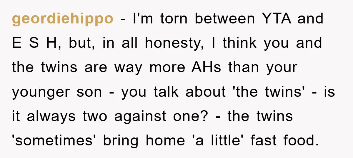 geordiehippo − I'm torn between YTA and E S H, but, in all honesty, I think you and the twins are way more AHs than your younger son - you...