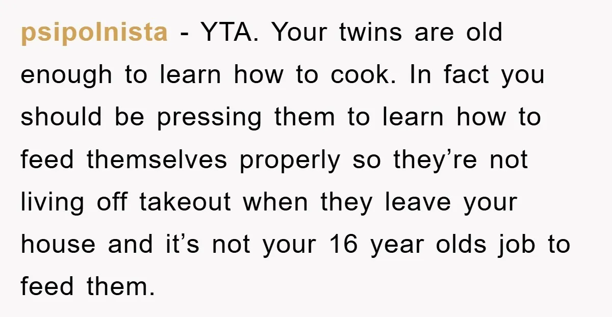 psipolnista − YTA. Your twins are old enough to learn how to cook. In fact you should be pressing them to learn how to feed themselves properly so they’re not...