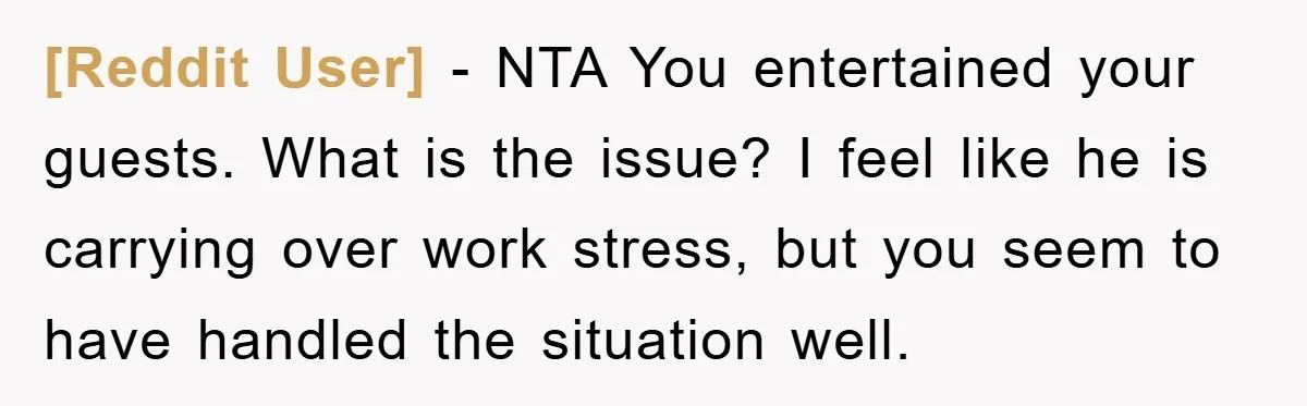[Reddit User] − NTA You entertained your guests. What is the issue? I feel like he is carrying over work stress, but you seem to have handled the situation well.