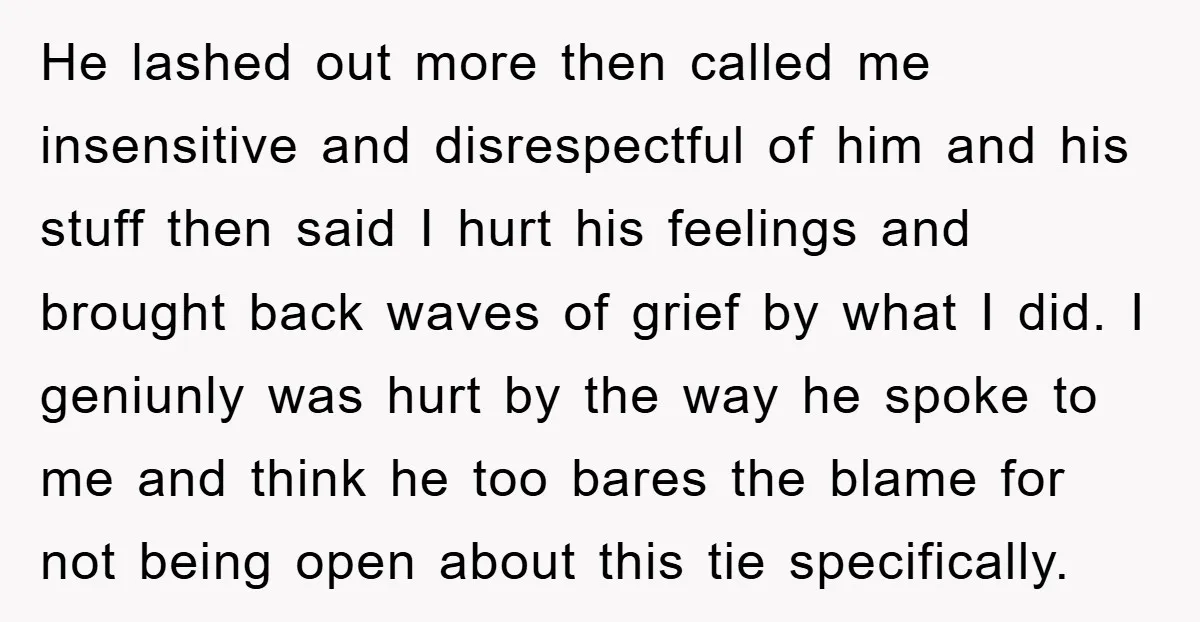 He lashed out more then called me insensitive and disrespectful of him and his stuff then said I hurt his feelings and brought back waves of grief by what I...