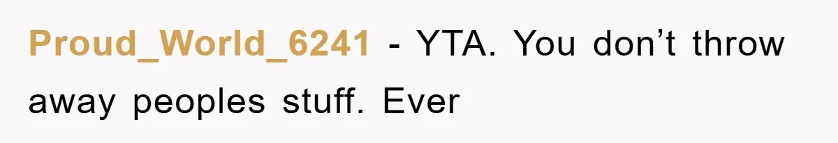 Proud_World_6241 − YTA. You don’t throw away peoples stuff. Ever