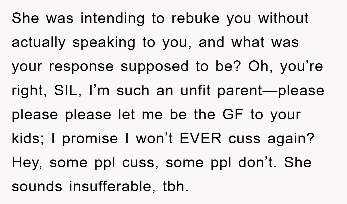 She was intending to rebuke you without actually speaking to you, and what was your response supposed to be? Oh, you’re right, SIL, I’m such an unfit parent—please please please...