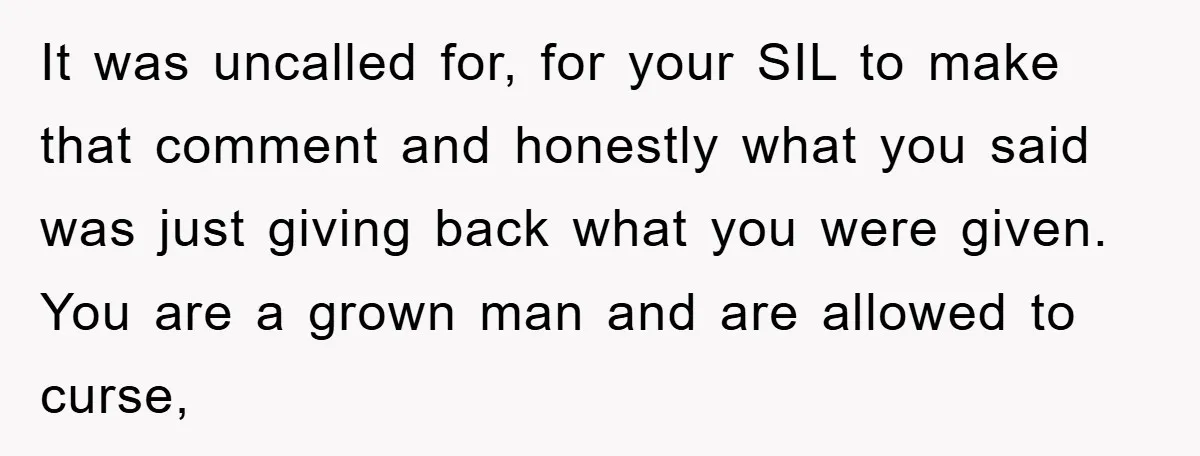 It was uncalled for, for your SIL to make that comment and honestly what you said was just giving back what you were given. You are a grown man and...
