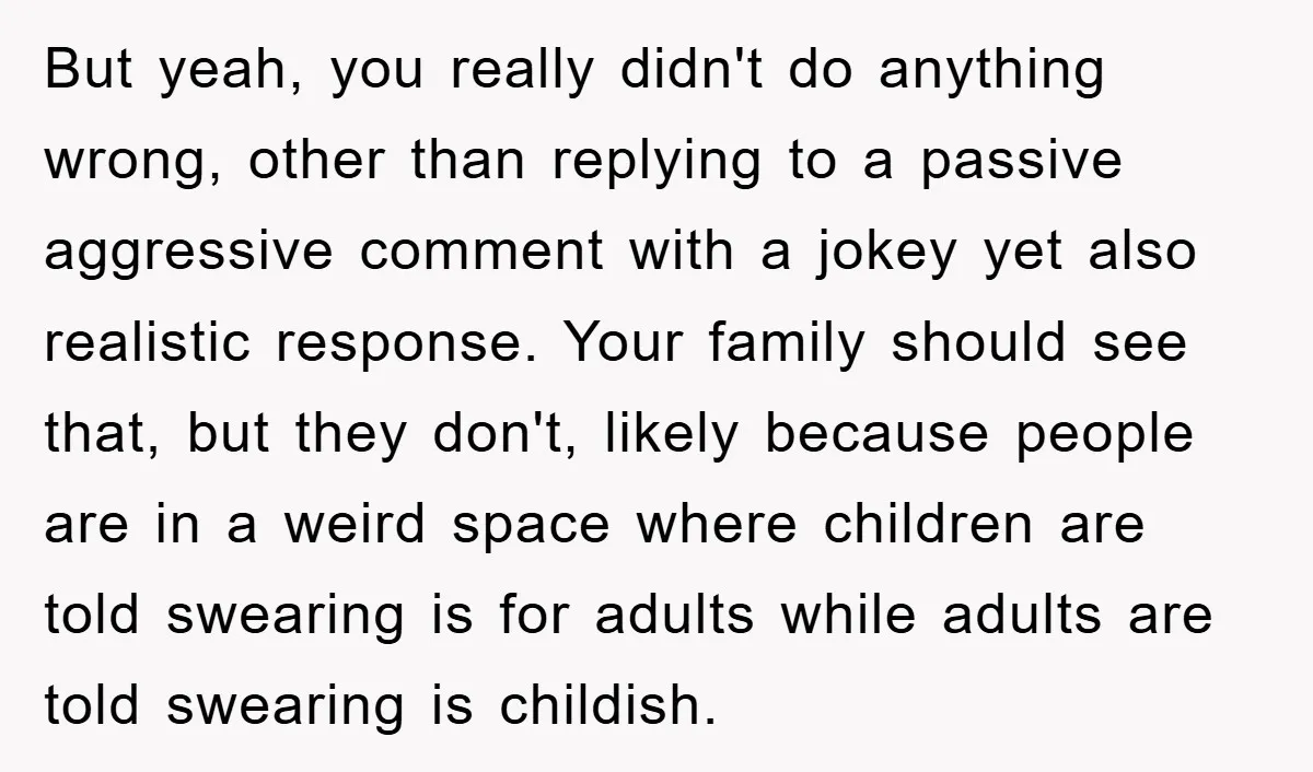 But yeah, you really didn't do anything wrong, other than replying to a passive aggressive comment with a jokey yet also realistic response. Your family should see that, but they...
