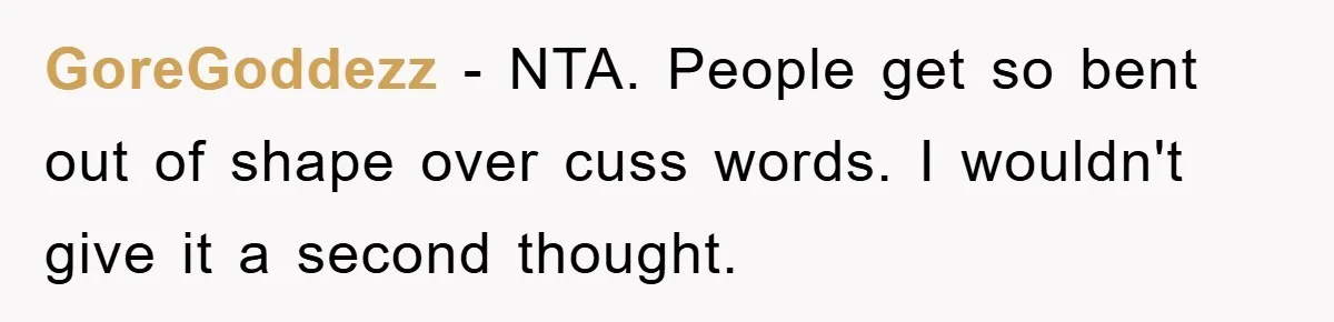 GoreGoddezz − NTA. People get so bent out of shape over cuss words. I wouldn't give it a second thought.