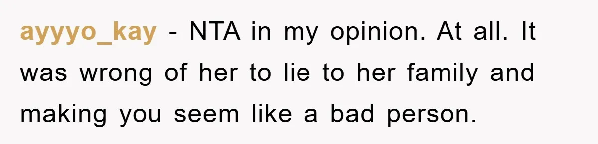 ayyyo_kay − NTA in my opinion. At all. It was wrong of her to lie to her family and making you seem like a bad person.