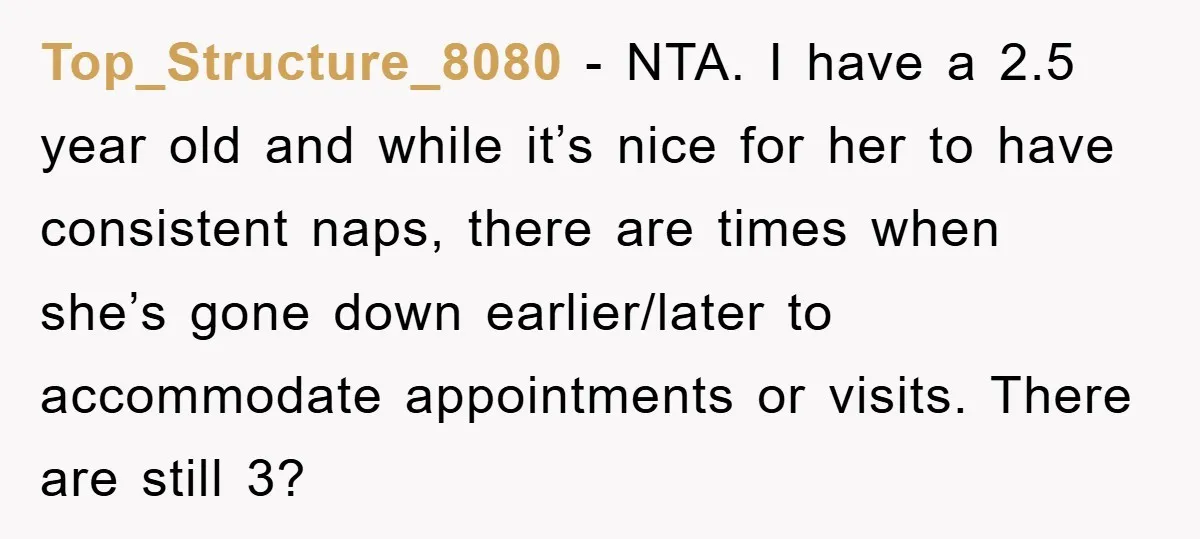 Top_Structure_8080 − NTA. I have a 2.5 year old and while it’s nice for her to have consistent naps, there are times when she’s gone down earlier/later to accommodate appointments...