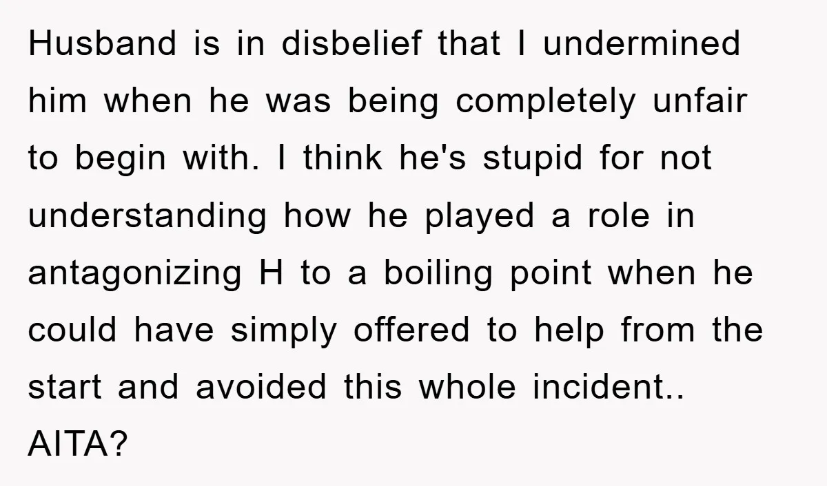 Husband is in disbelief that I undermined him when he was being completely unfair to begin with. I think he's stupid for not understanding how he played a role in...