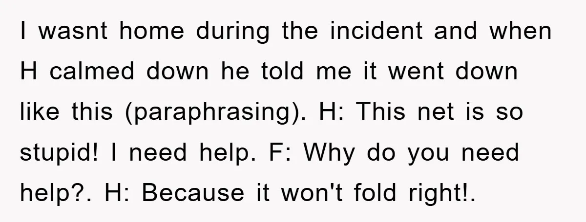 I wasnt home during the incident and when H calmed down he told me it went down like this (paraphrasing). H: This net is so stupid! I need help. F:...