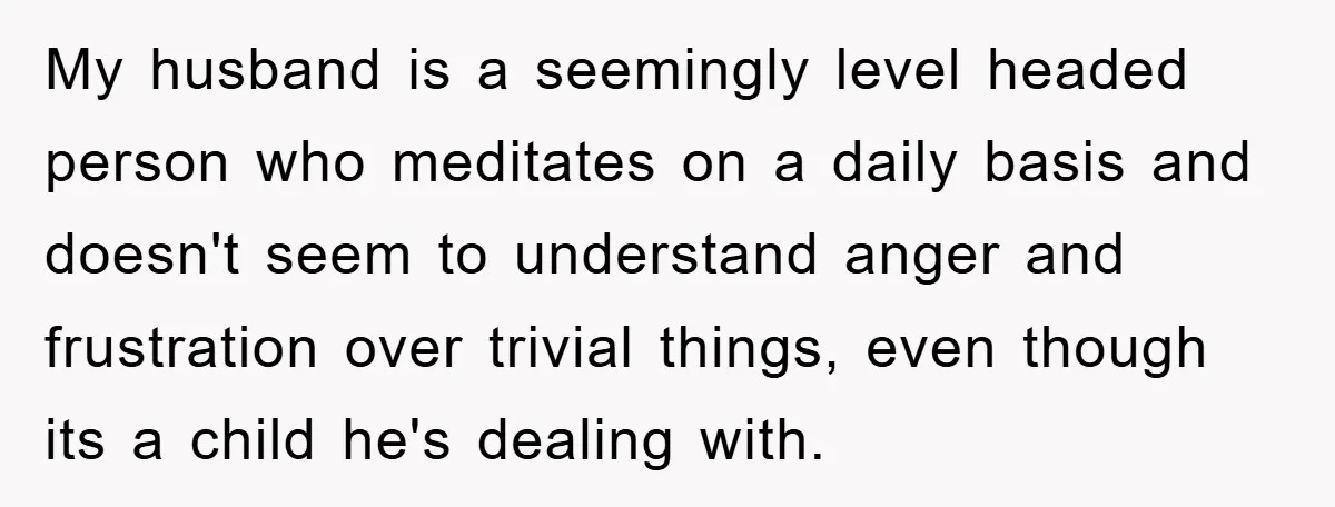 My husband is a seemingly level headed person who meditates on a daily basis and doesn't seem to understand anger and frustration over trivial things, even though its a child...
