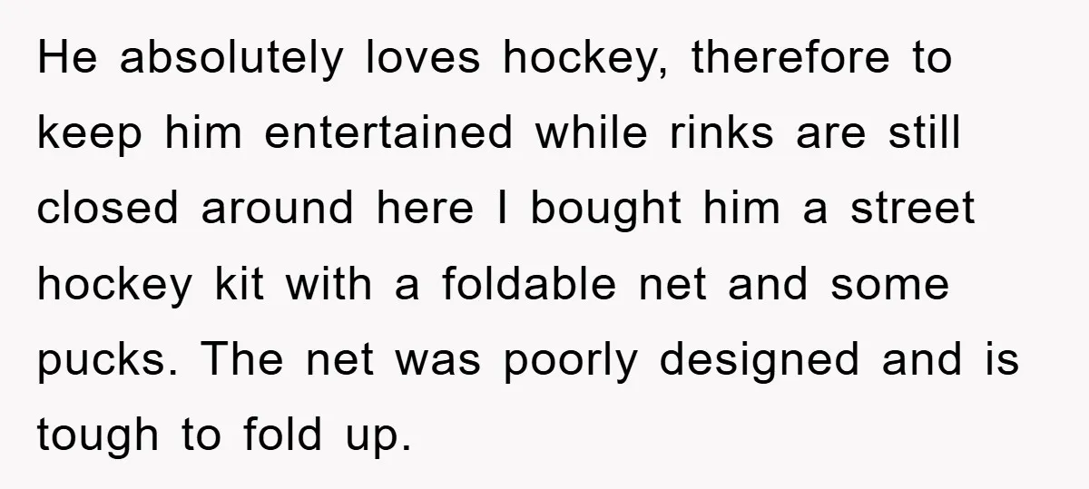 He absolutely loves hockey, therefore to keep him entertained while rinks are still closed around here I bought him a street hockey kit with a foldable net and some pucks....