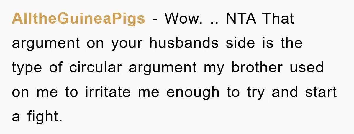 AlltheGuineaPigs − Wow. .. NTA That argument on your husbands side is the type of circular argument my brother used on me to irritate me enough to try and start...