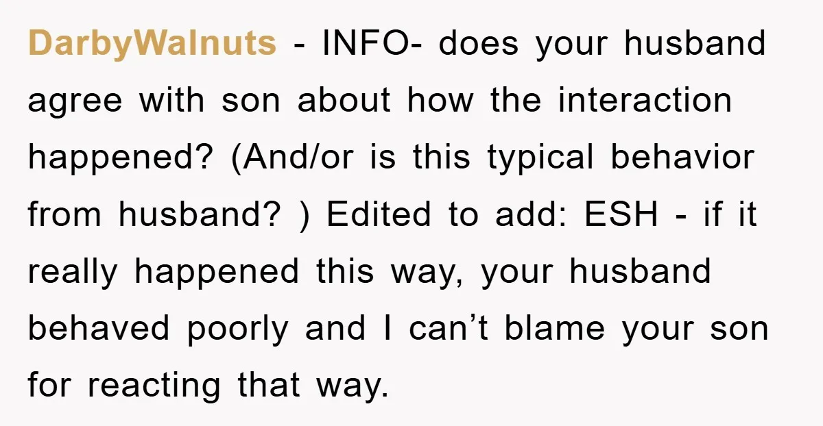 DarbyWalnuts − INFO- does your husband agree with son about how the interaction happened? (And/or is this typical behavior from husband? ) Edited to add: ESH - if it really...