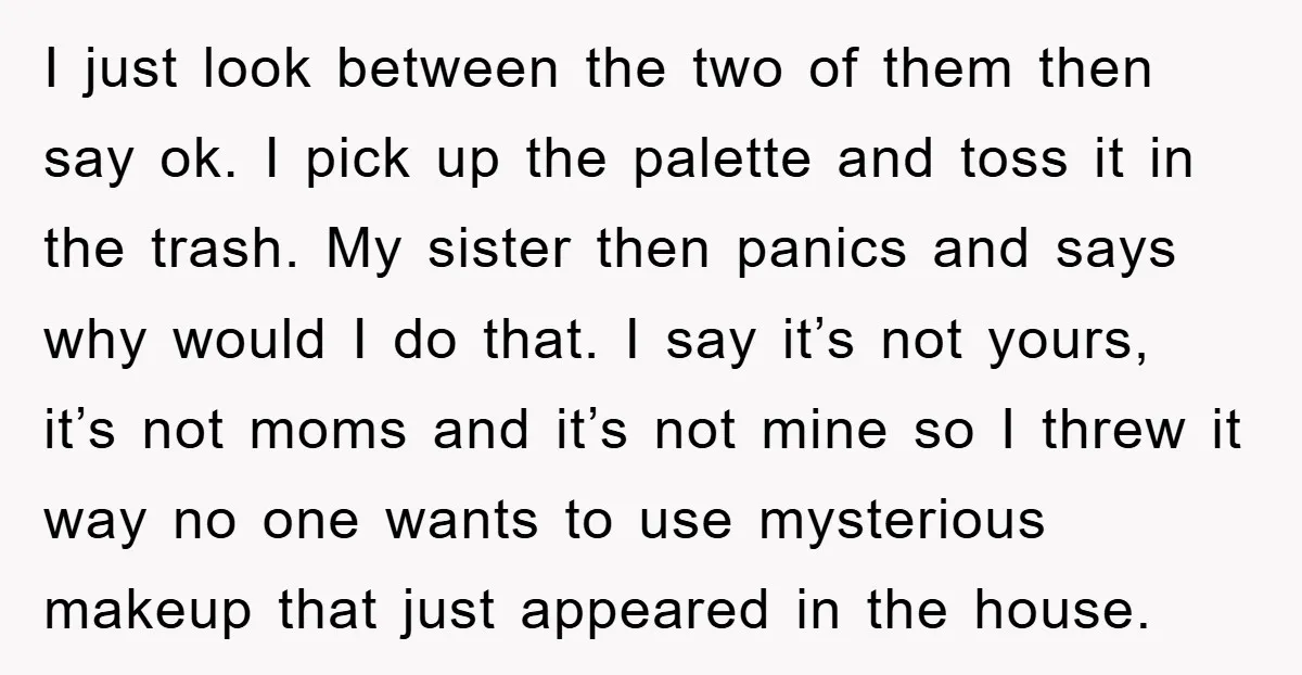 I just look between the two of them then say ok. I pick up the palette and toss it in the trash. My sister then panics and says why would...