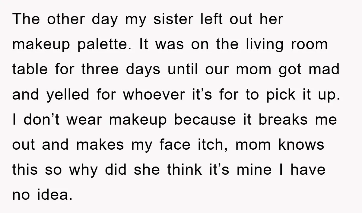 The other day my sister left out her makeup palette. It was on the living room table for three days until our mom got mad and yelled for whoever it’s...