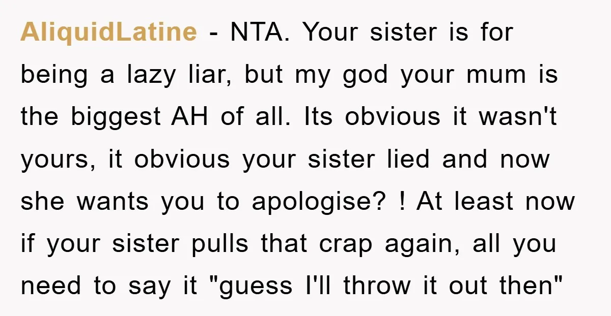 AliquidLatine − NTA. Your sister is for being a lazy liar, but my god your mum is the biggest AH of all. Its obvious it wasn't yours, it obvious your...