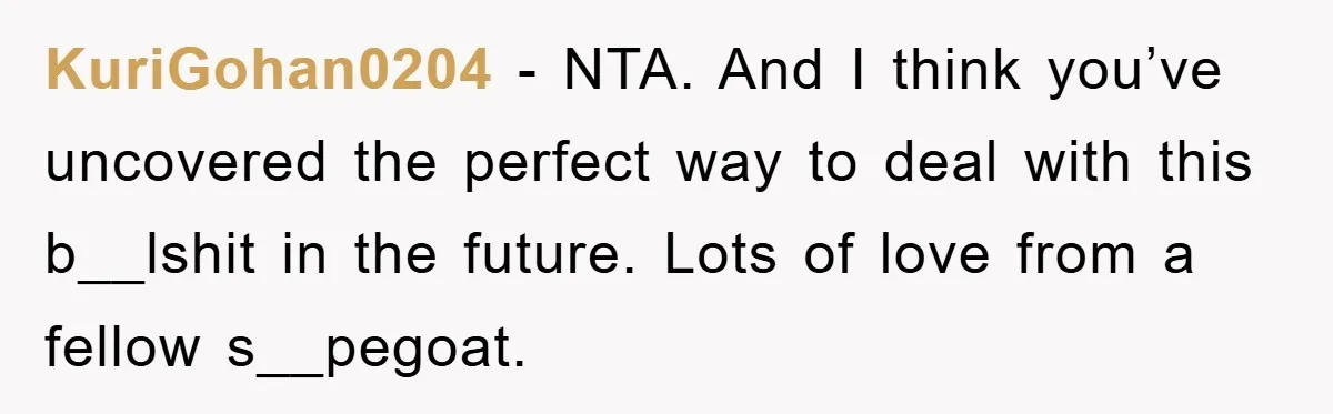 KuriGohan0204 − NTA. And I think you’ve uncovered the perfect way to deal with this b__lshit in the future. Lots of love from a fellow s__pegoat.