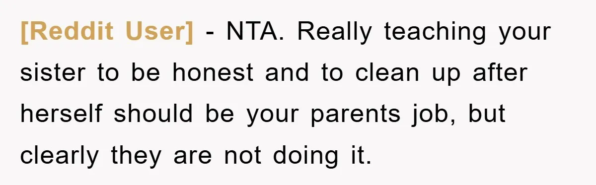 [Reddit User] − NTA. Really teaching your sister to be honest and to clean up after herself should be your parents job, but clearly they are not doing it.