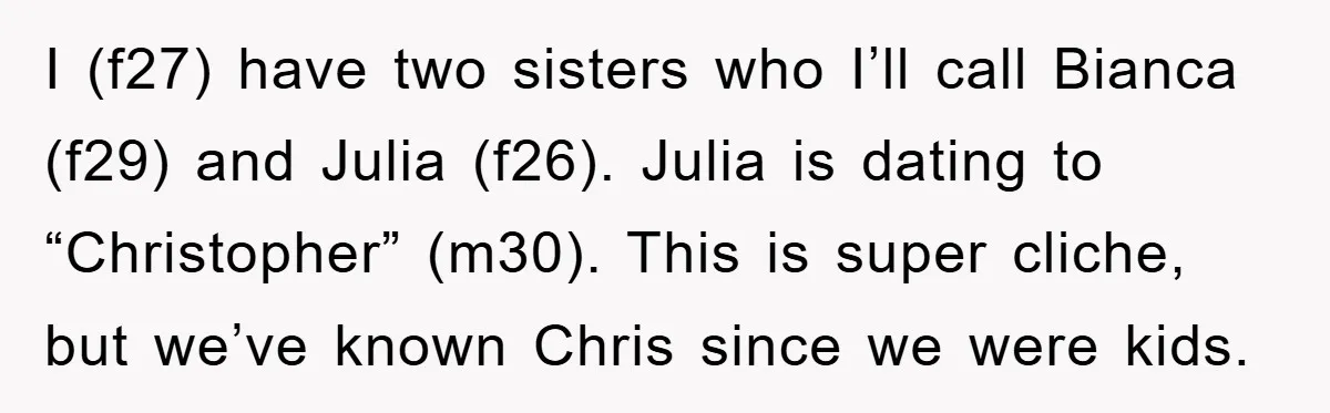 I (f27) have two sisters who I’ll call Bianca (f29) and Julia (f26). Julia is dating to “Christopher” (m30). This is super cliche, but we’ve known Chris since we were...