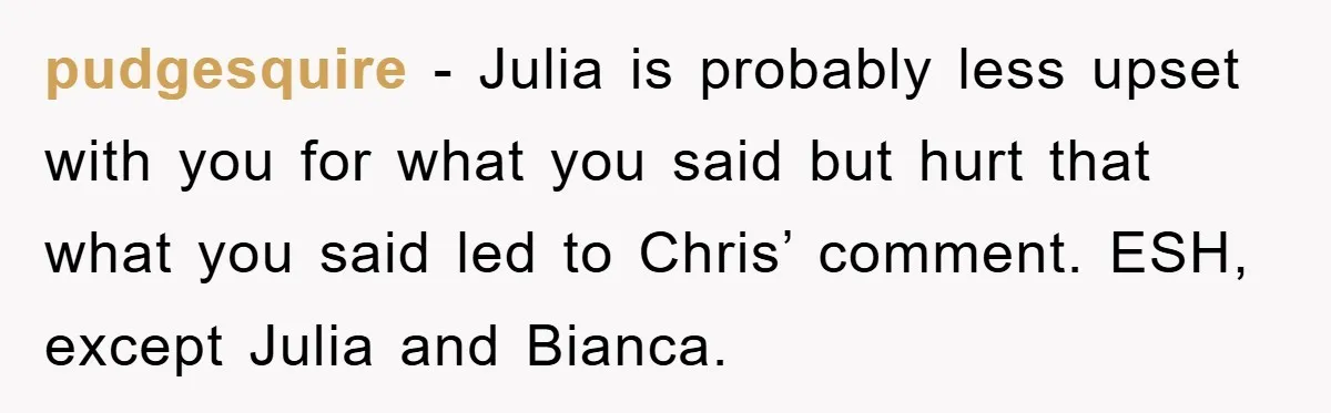 pudgesquire − Julia is probably less upset with you for what you said but hurt that what you said led to Chris’ comment. ESH, except Julia and Bianca.