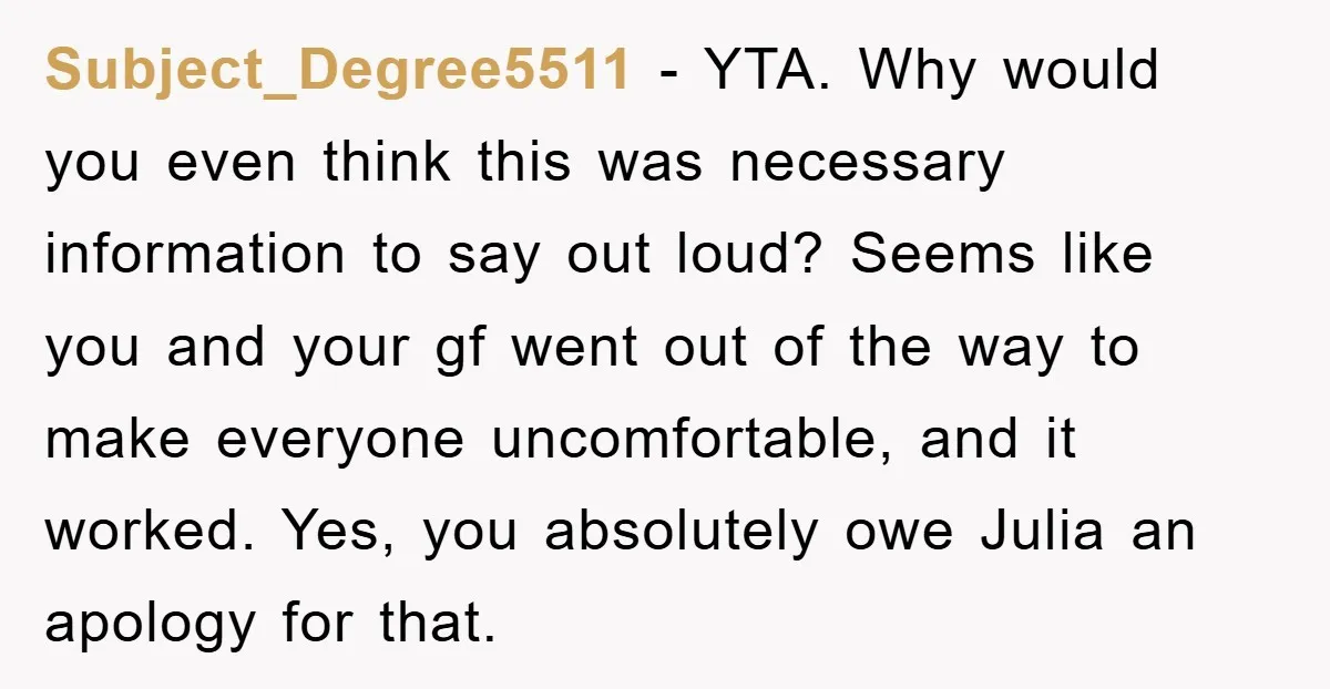 Subject_Degree5511 − YTA. Why would you even think this was necessary information to say out loud? Seems like you and your gf went out of the way to make everyone...