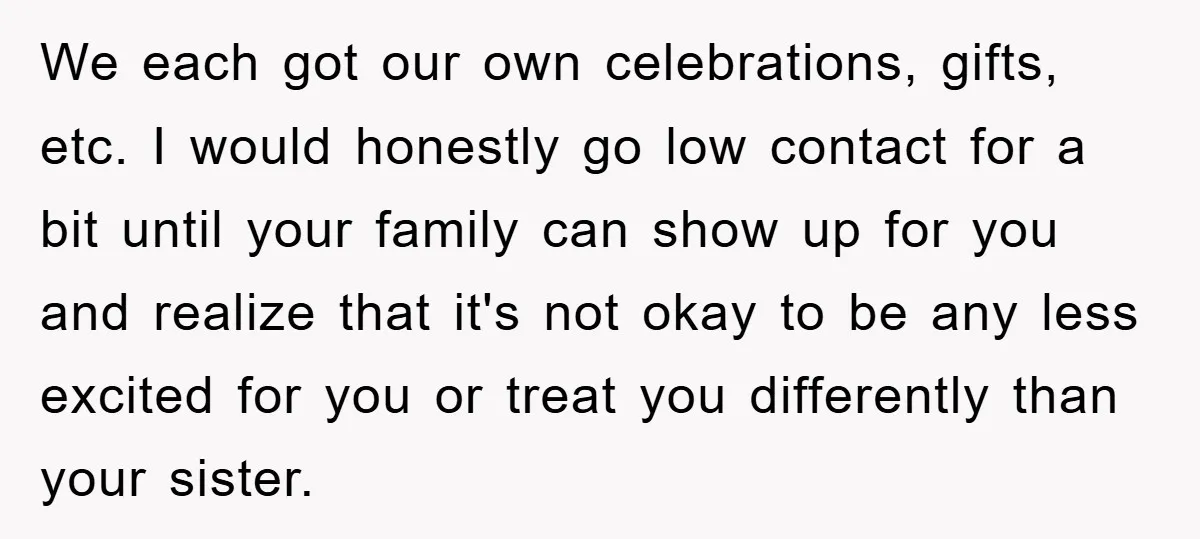 We each got our own celebrations, gifts, etc. I would honestly go low contact for a bit until your family can show up for you and realize that it's not...