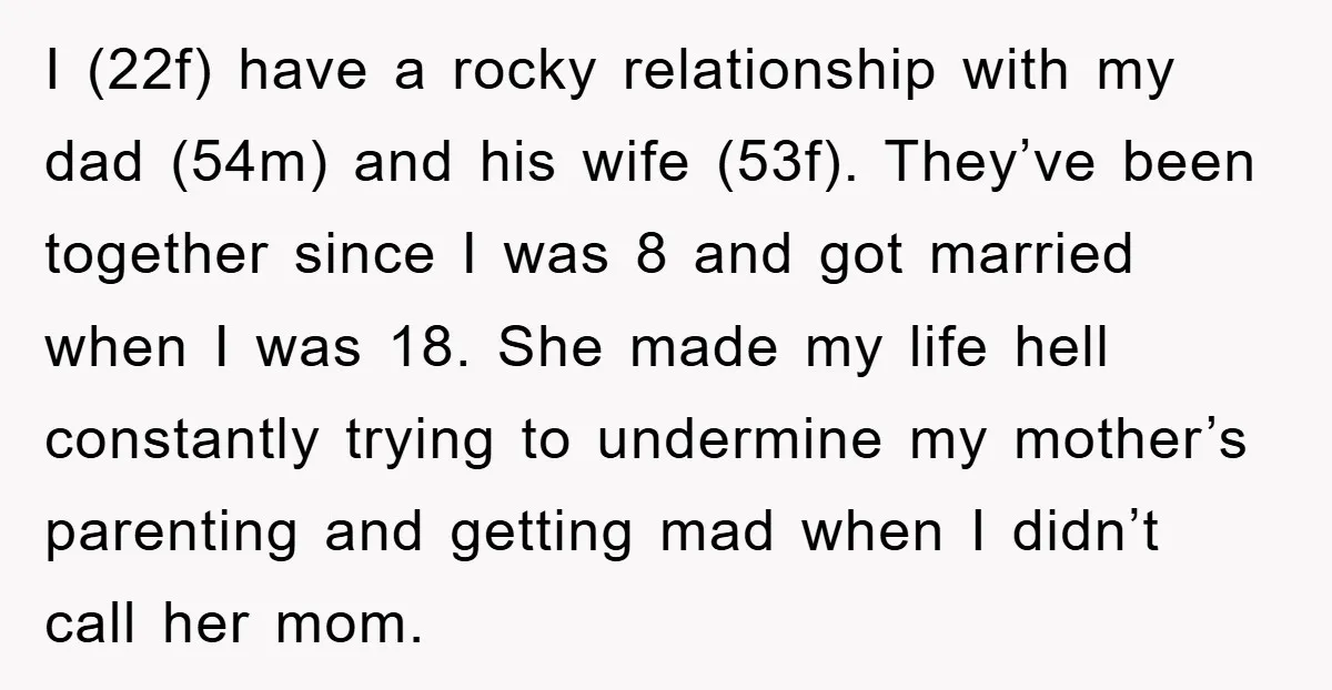 I (22f) have a rocky relationship with my dad (54m) and his wife (53f). They’ve been together since I was 8 and got married when I was 18. She made...
