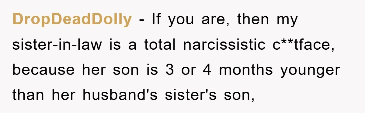 DropDeadDolly − If you are, then my sister-in-law is a total narcissistic c**tface, because her son is 3 or 4 months younger than her husband's sister's son,
