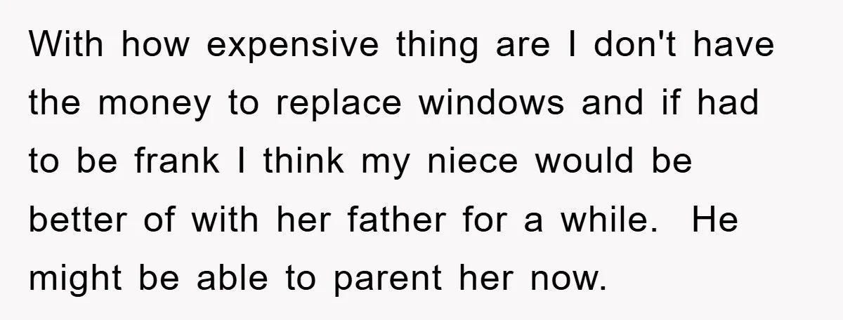 With how expensive thing are I don't have the money to replace windows and if had to be frank I think my niece would be better of with her father...