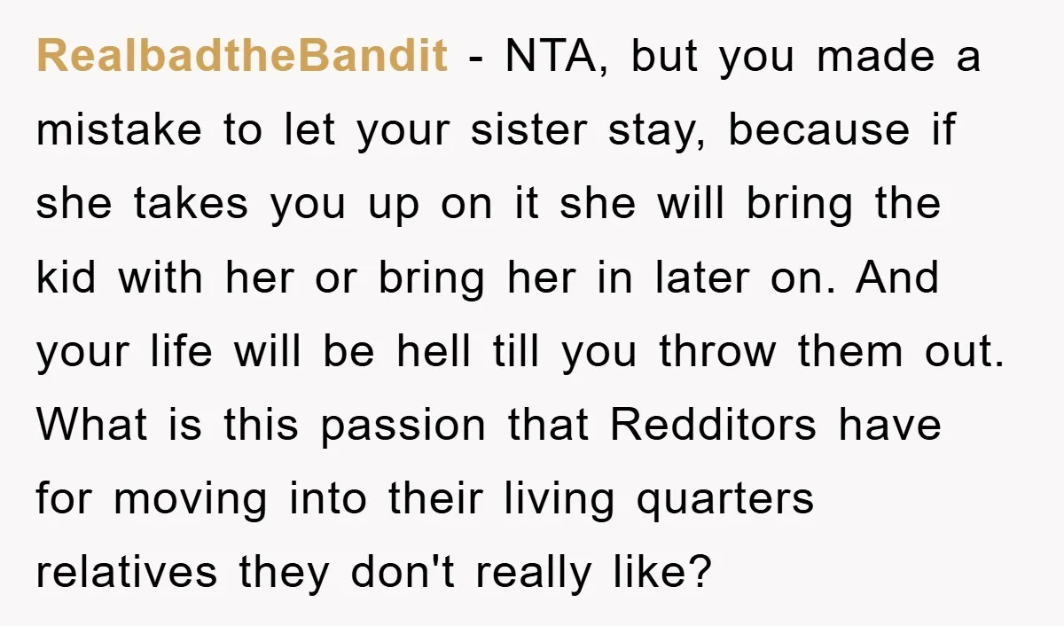 RealbadtheBandit − NTA, but you made a mistake to let your sister stay, because if she takes you up on it she will bring the kid with her or bring...