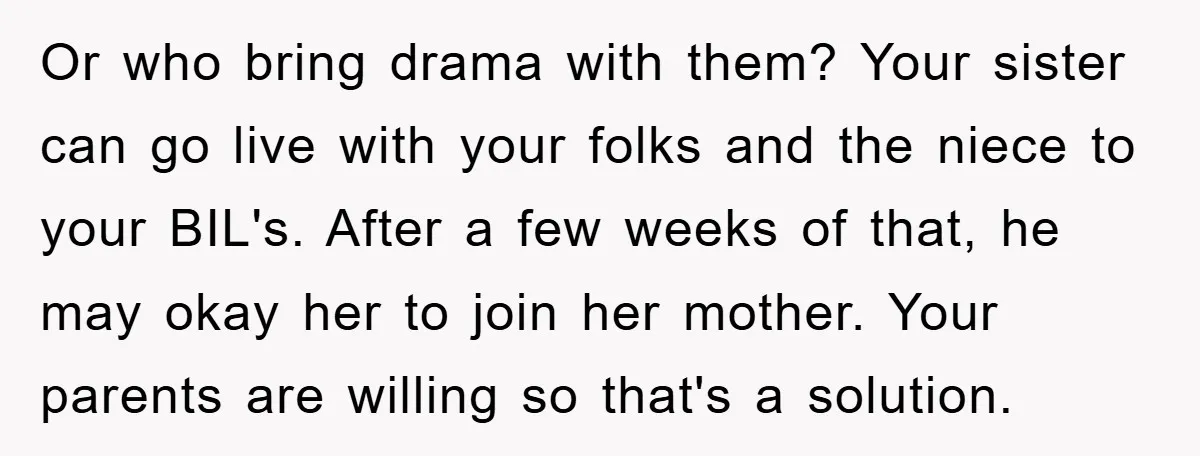 Or who bring drama with them? Your sister can go live with your folks and the niece to your BIL's. After a few weeks of that, he may okay her...