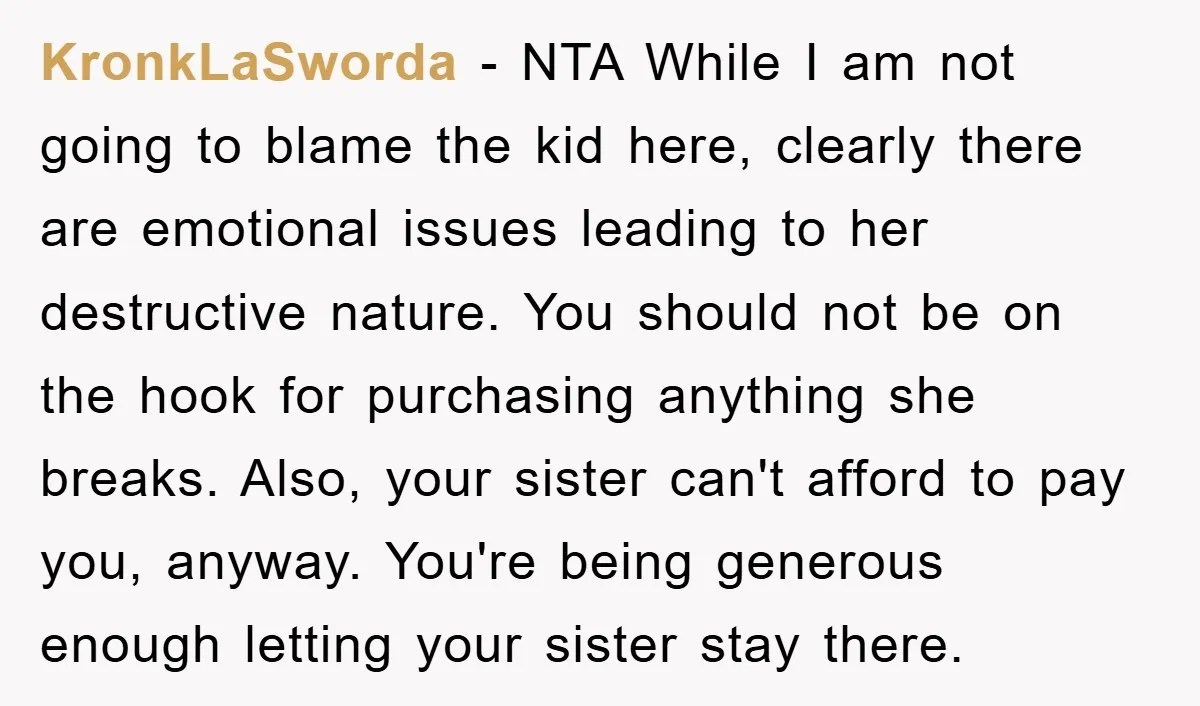 KronkLaSworda − NTA While I am not going to blame the kid here, clearly there are emotional issues leading to her destructive nature. You should not be on the hook...